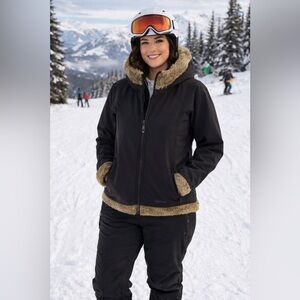 Marmot Black Ski Jacket with Tan Faux-Fur Trim